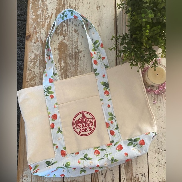 Trader Joe'S Handbags - Trader Joe's Homemade Cream and Floral Tote Bag Strawberries